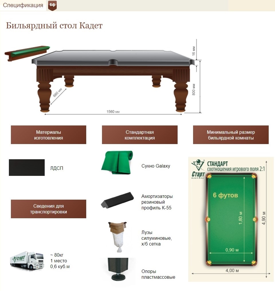 Бильярдный стол кадет 6 футов размеры